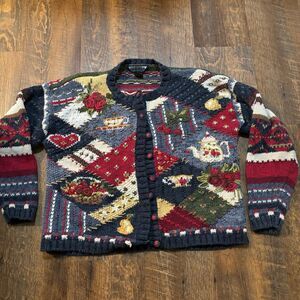 Vintage 2001 Heirloom Collectibles Knit Cardigan Sweater / Cute Art 3D / Y2K Kni